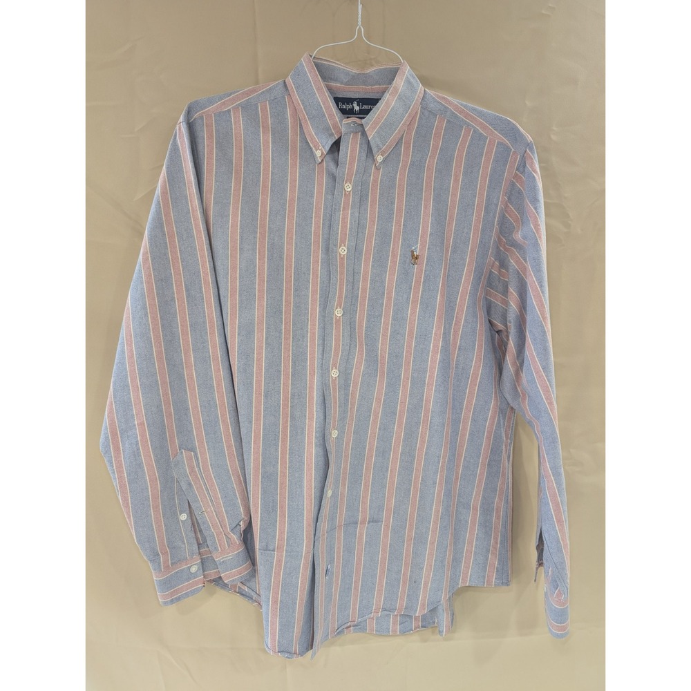 Ralph Lauren Striped Button Down Shirt Mens Long Sleeve Blue Pink 16.5 / 34 - Picture 1 of 6